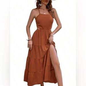 SHEIN LUNE Criss-cross Tie Backless Split Thigh Ruffle Burnt Orange Lg Dress